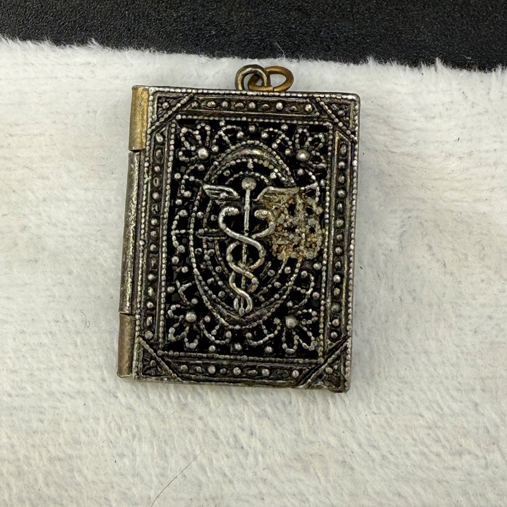 Vintage Estate Medical Book Locket Gold Caduceus Symbol Filigree Pendant